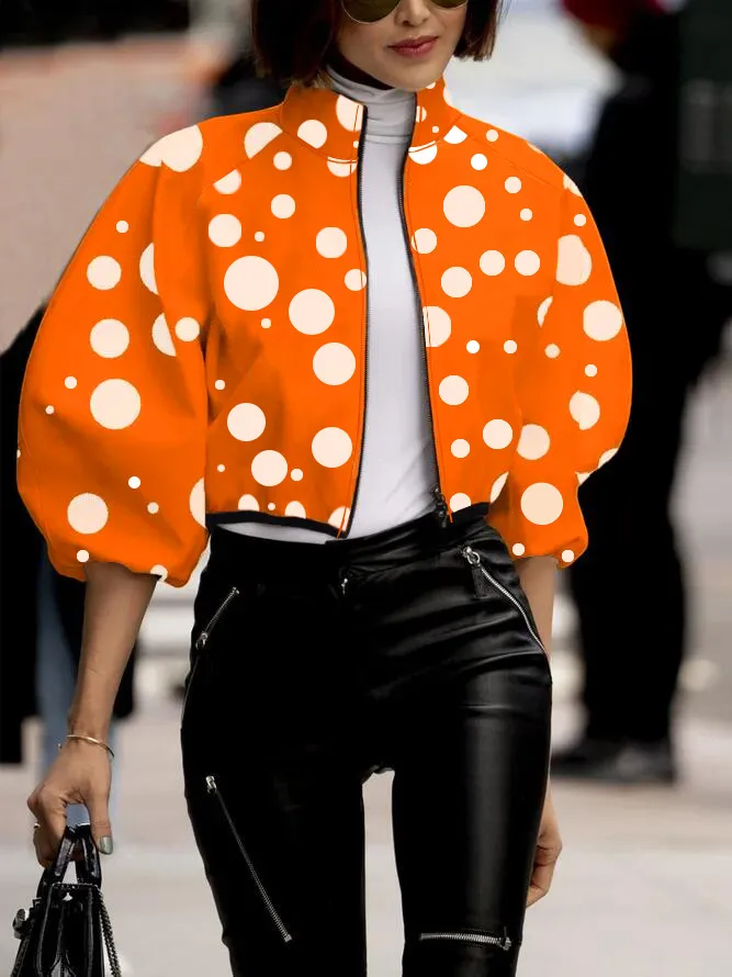 Spring And Autumn Women Fashion Elegant Polka Dot Floral Printed Short Top Crop Zipper Jacket
