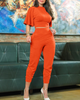 Women Fashion Elegant Flare Short Sleeve Blouse And Pants Solid Color Office Chic Set