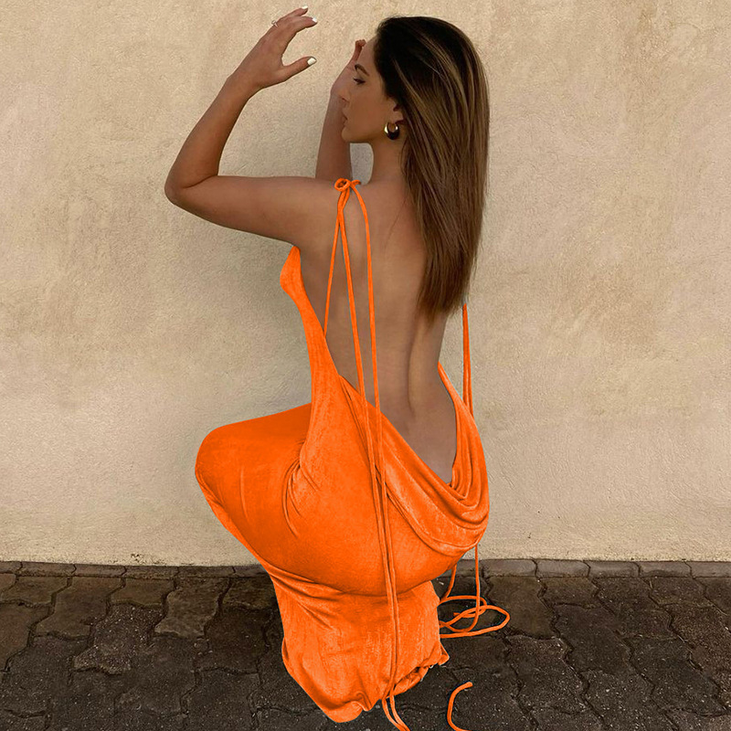 Women'S Fashion Sexy Backless Lace-Up Halter Neck Slim Maxi Dress