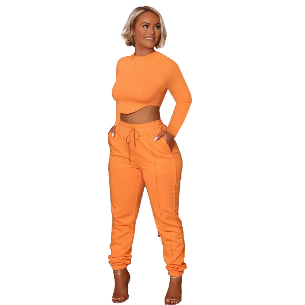 Women Solid Color Crew Neck Long Sleeve Cropped Top And High Waist Pants Fashionable Two-Piece Set