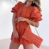 Women Sweet Dating Solid Color Puff Sleeve Lace-Uo Bandage Blouse And Shorts Set