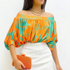 Women'S Fashion Color Contrast Pleated Off Shoulder Shirt