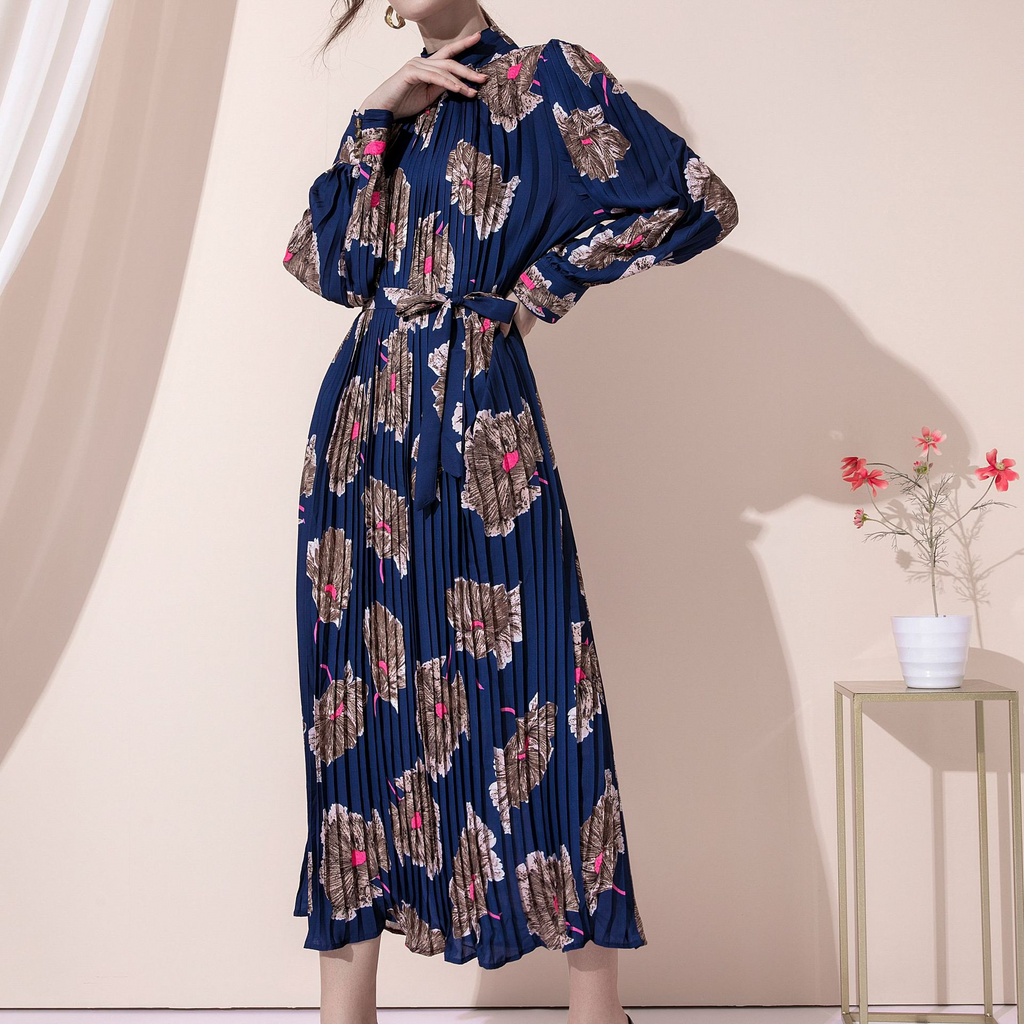 Women Elegant Vacation Loose Stand Collar Pleated Long Sleeves Printed Chiffon Dress