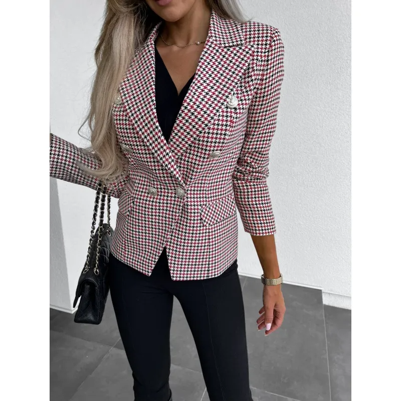 Women Fashion Plaid Print Long Sleeve Blazer Coat