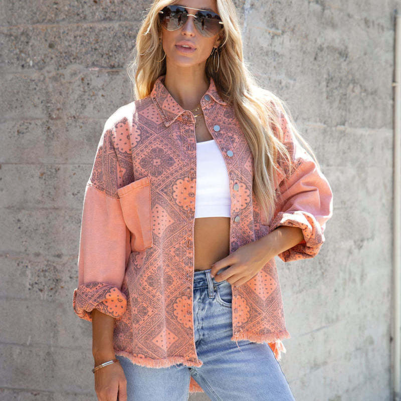 Women Fashion Casual Geometry Totem Printed Loose Vintage Denim Jacket