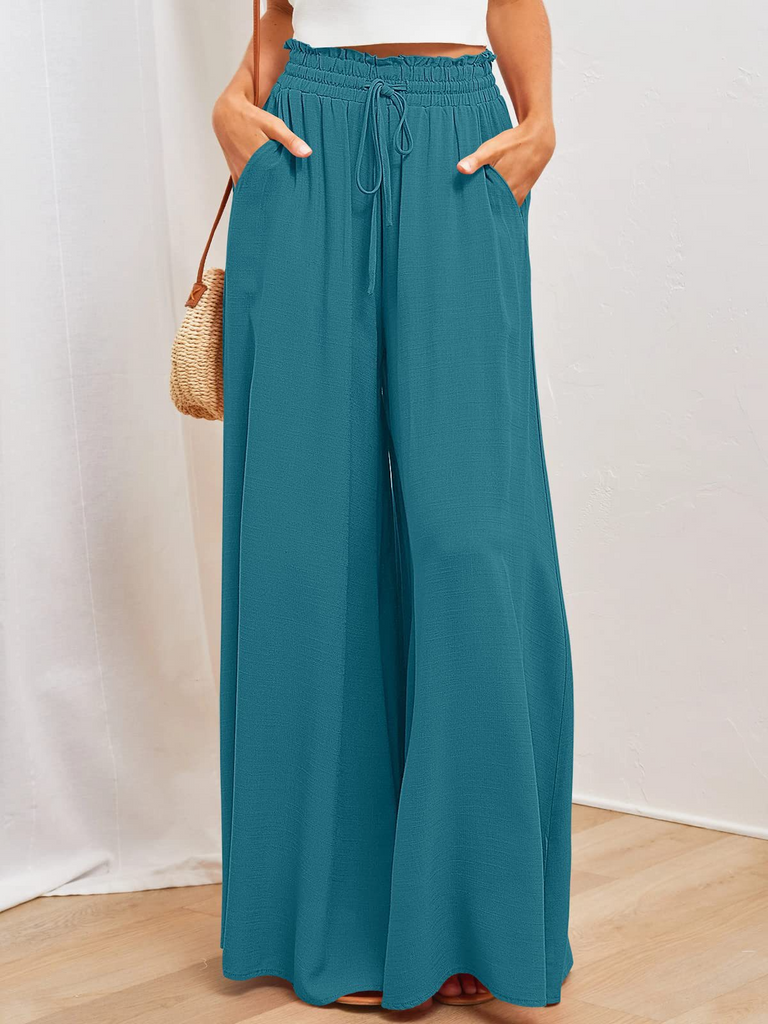 Women Fashion Casual Solid Color Elastic Waist Wide Leg Pants