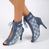 Women Fashion Sexy Plus Size Lace-Up Suede Checkerboard Peep Toe High Heels