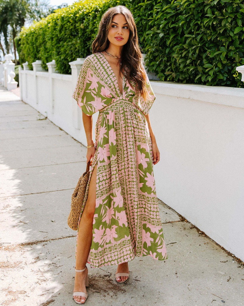 Women Fashion Bohemian Batwing Sleeve V-Neck Floral Print Maxi Dress