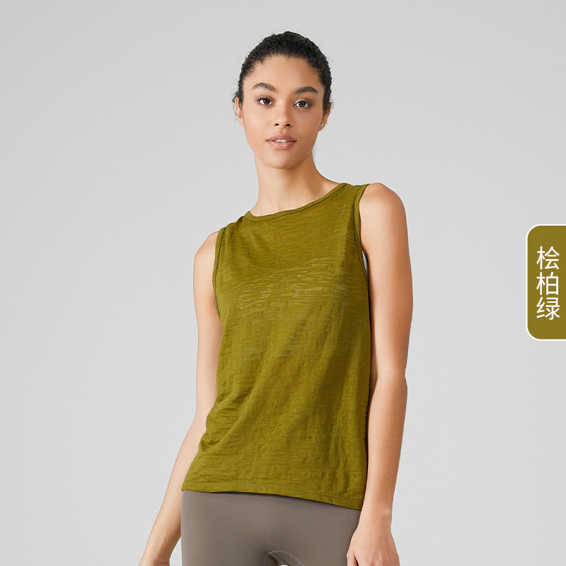 Women Casual Loose Solid Color Breathable Round Neck Sleeveless Rear Split Sports Tank Top