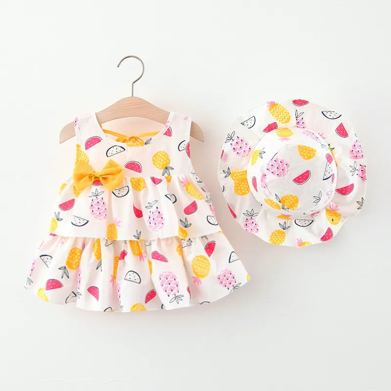 Toddlers Newborn Baby Fashion Girls Sleeveless Print Bowknot Cute Dress And Hat