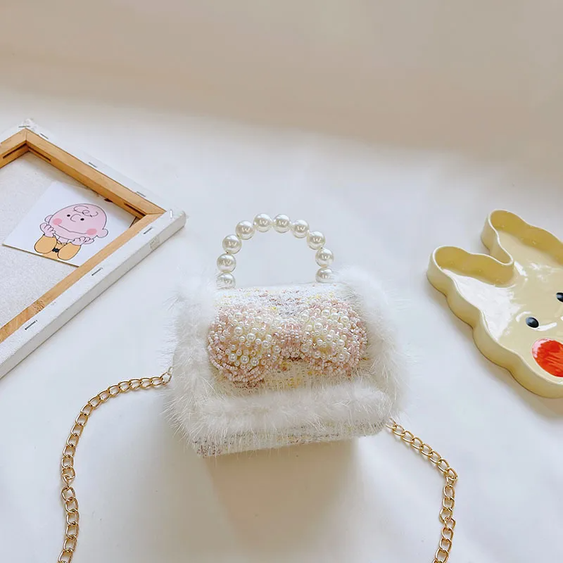 Kids Girls Autumn Winter Fashion Sweet Cute Color-Matching Pearl Bow Mini Square Chain Handle Crossbody Bag