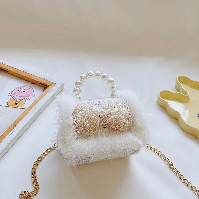 Kids Girls Autumn Winter Fashion Sweet Cute Color-Matching Pearl Bow Mini Square Chain Handle Crossbody Bag