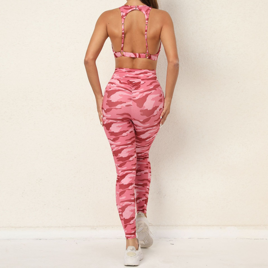 Women Fashion Camouflage Print Backless Sports Fitness Slim-Fit Pants Set