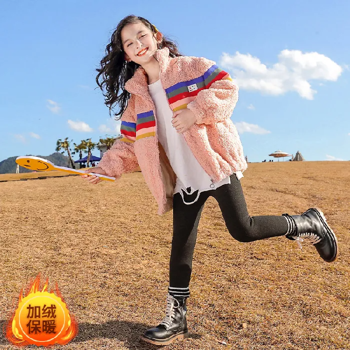 Kids Toddler Big Girls Autumn Winter Casual Cute Rainbow Color Lamb Zipper Stand Collar Long Sleeve Coat