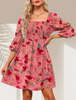 Women'S Fashion Casual Printing Puff Sleeve Square Neck Dress