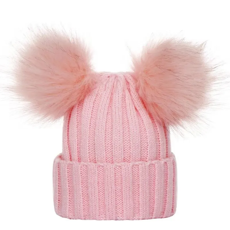 Kids Warm Solid Color Double Pompon Knitting Cap