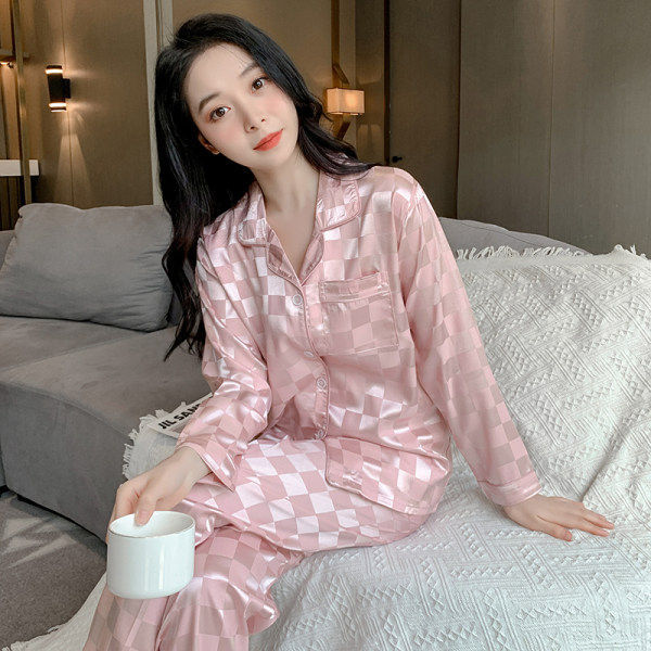 Cozy Pajamas Women Plaid Ice Silk Long-Sleeved Two-Piece Sleep Loungewear