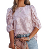 Women Summer Fashion Puff Sleeve Chiffon Floral Pattern Loose Blouse