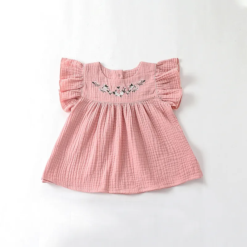 Kids Baby Girls Fashion Casual Cute Solid Color Embroidery Floral Round Neck Shorts Dress