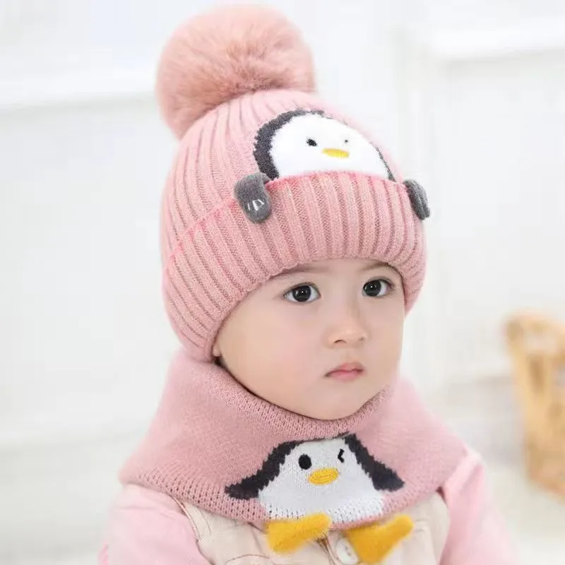 (Buy 1 Get 1)  Kids Unisex Autumn Winter Fashion Casual Cute Solid Color Cartoon Penguin Hat Scarf Two Set