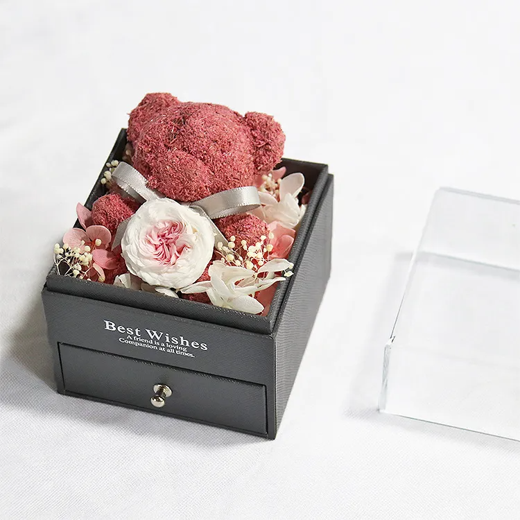 (Buy 1 Get 1) Valentine Day Immortal Rose Bear Drawer Necklace Ring Jewelry Box