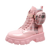 Women Fashion Plus Size Plaid Pocket Thick-Soled Martin Short Combat Boots