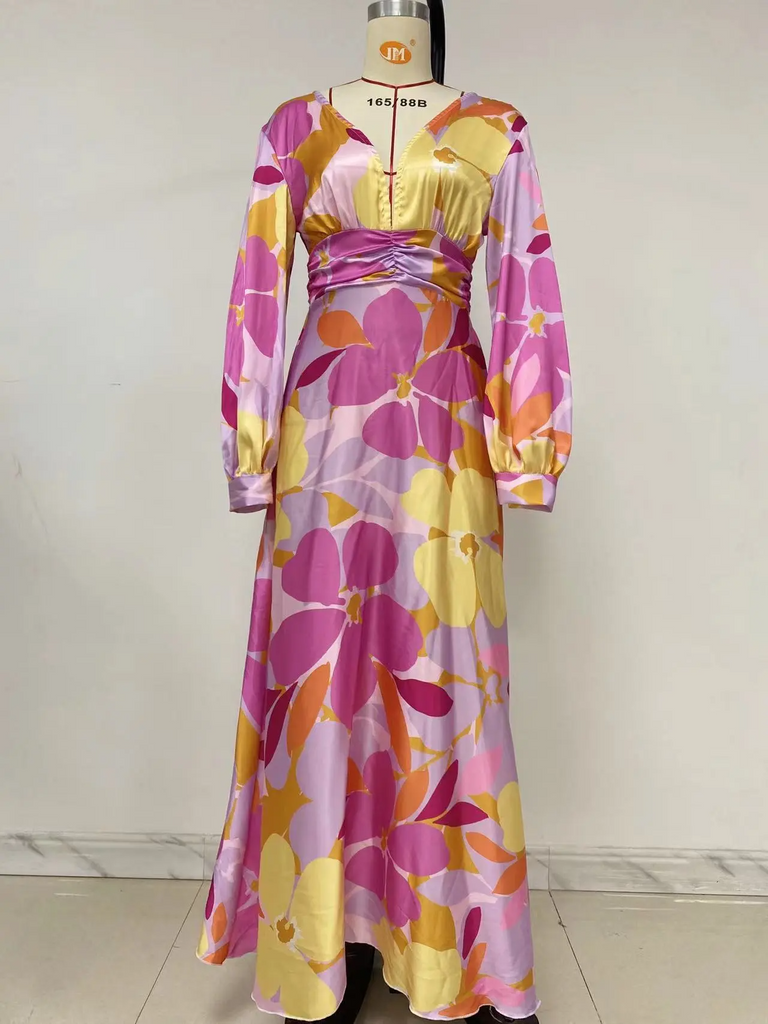 Women Ramadan /Eid Fashion Elegant Sexy Deep V Floral Print Lantern Sleeve Maxi Dress