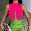 Fashion Women Edgy Solid Color Rhinestone Chain Lace Up Rib-Knitted Crop Top