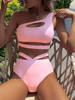 Women'S Solid Color High Waist Triangle One Shoulder Strap Swimsuit Two-Piece Set