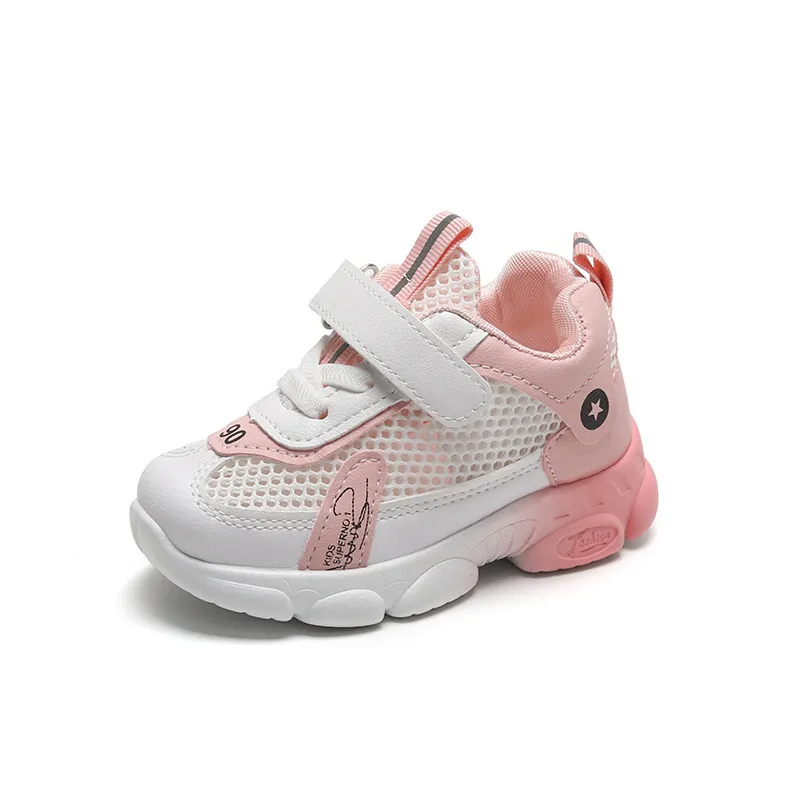 Kids Boys Girls Fashion Casual Round-Toe Velcro Lace-Up Color-Block Mesh Cloth Ventilated Low Top Sneakers