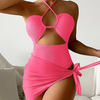 Women Sexy Pure Color Mesh Halter One-Piece Swimsuit Set