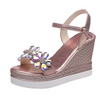 Women Fashion Simple Rhinestone Flower Wedge Heel Thick-Soled Sandals