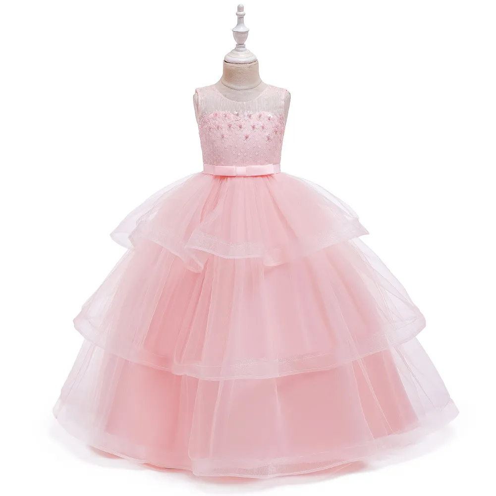 Kids Toddler Big Girls Fashion Party Cute Sweet Floral Solid Color Pearl Pleated Sleeveless Mesh Party Tutu Dress