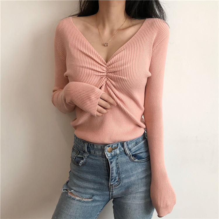 2 pieces Women Fashion Slim-Fit Sexy V-Neck Long Sleeve Knitted Base Shirt