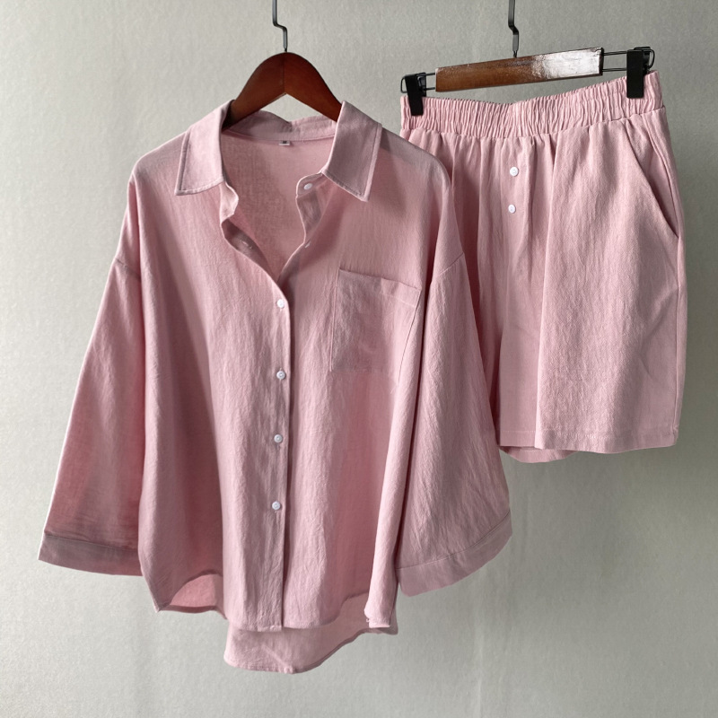 Women Fashion Casual Summer Solid Color Long Sleeve Shirt Blouse And Loose Shorts Set