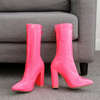 Women Sexy Bright Neon Color Chunky Heel Back Zipper Spring Summer Mid Calf Boots