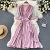 Women Casual Elegant Dot Printed Short Sleeves V-Neck Waist Belt Creased Mid-Length Dress