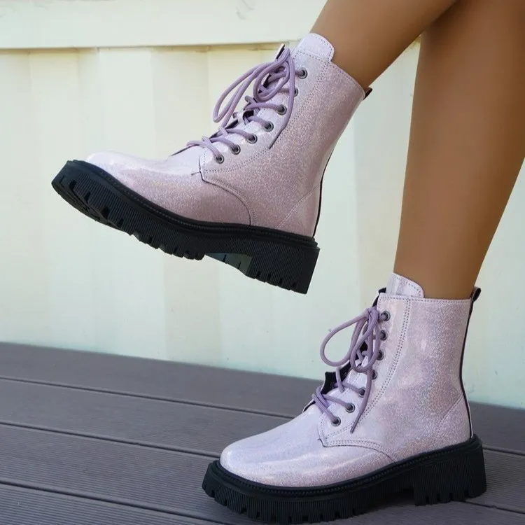 Women Vintage Lace-Up Plus Size Casual Pu Leather Combat Boots