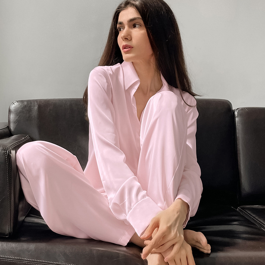 Women'S Fashion Shirt Faux Silk Lightweight Long Sleeve Trousers Pajama Set