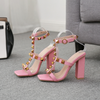 Women Plus Size Chunky Heel Metal Rivets Ankle Buckle High Heels Sandals