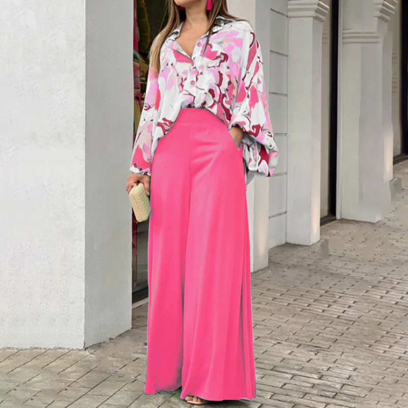 Women'S Fashion Loose Shirt + Wide-Leg Pants Two-Piece Set