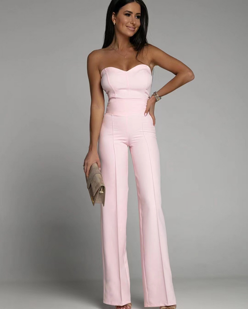 Women Solid Color Tube Top Casual High Waist Wide Leg Jumpsuit