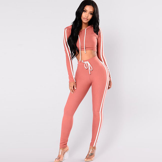 Hooded Lace-Up Long-Sleeve Crop Top And Tight Leggings Two-Piece Sets