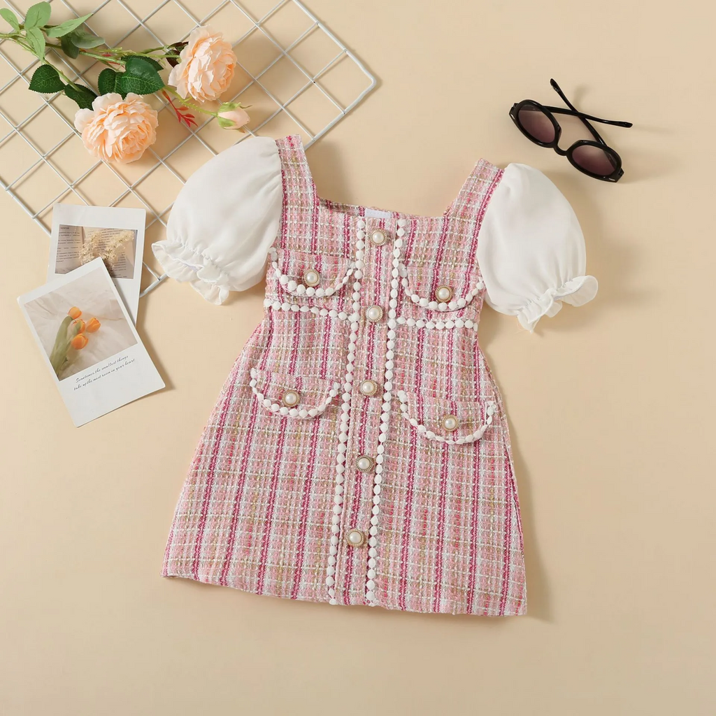 Toddler Girls Stripe Bow Pearl Puff Sleeve Dress