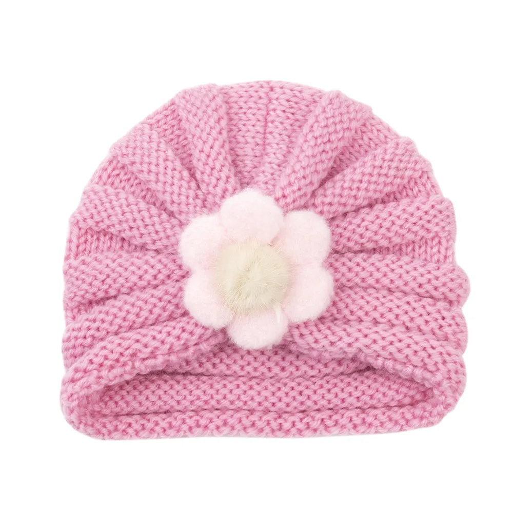 Kids Simple Solid Color Big Flower Warm Woolen Knitted Pullover Hat