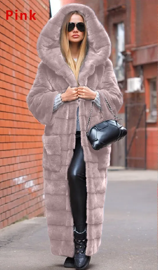 Winter Women Fashion Imitation Fur Hooded Plush Long Coat