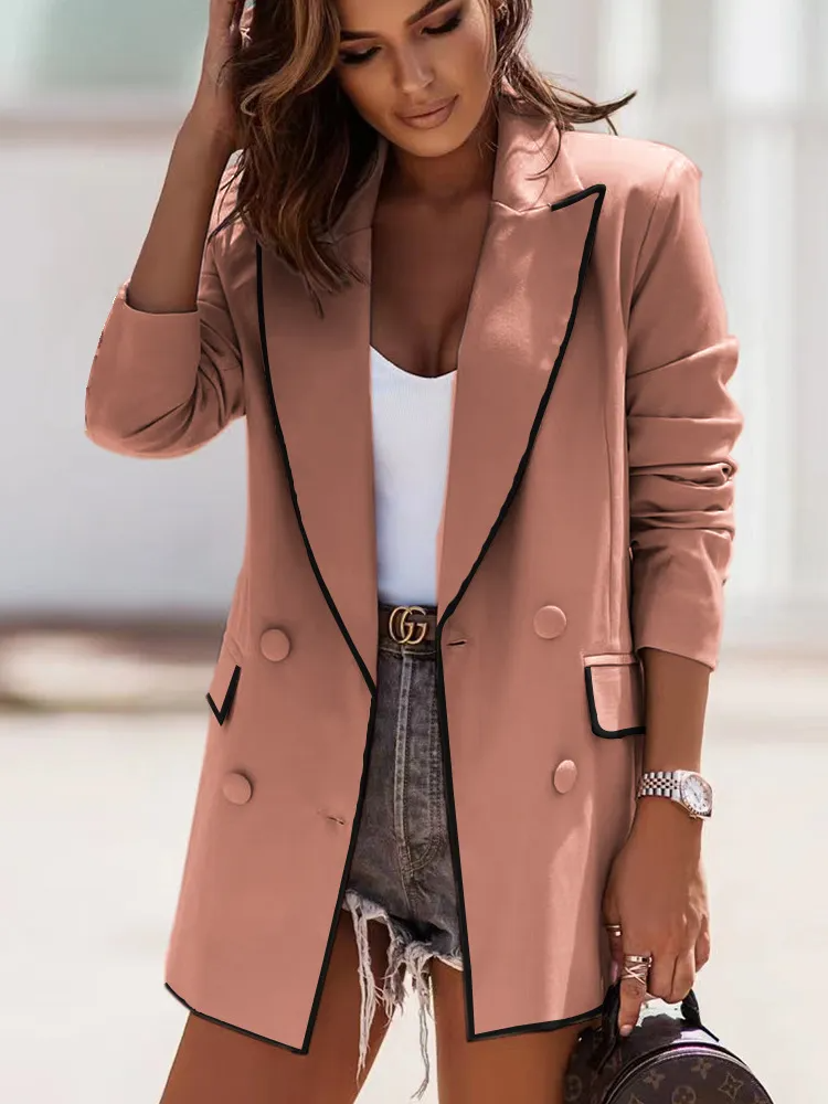 Women Fashion Casual Long Sleeve Double-Breasted Blazer Coat