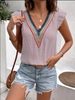 Fashion Casual Women V-Neck Lace Casual Solid Color Ruffled Cap Sleeve Blouse