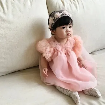 (Buy 1 Get 1) Kids Baby Girls Cute Solid Color Mesh Flowers Soft Skin-Friendly Princess Dress