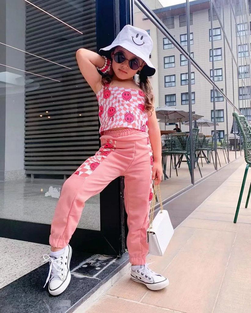 Kids Toddler Big Girls Summer Fashion Casual Cute Color Matching Playd Smiley Face Vest Trousers Set